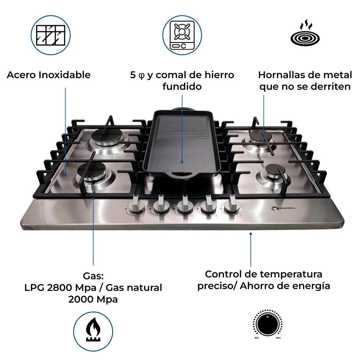 Estufa Acero 5 quemadores + comal Shorbull