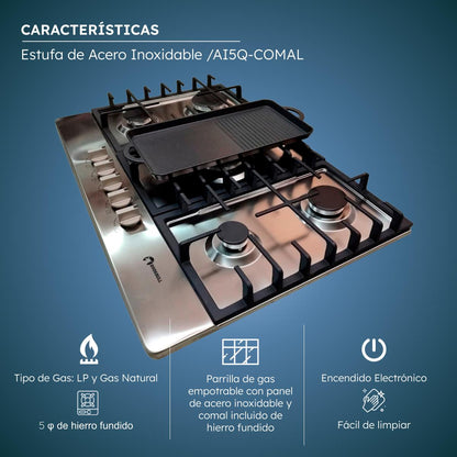 Estufa Acero 5 quemadores + comal Shorbull